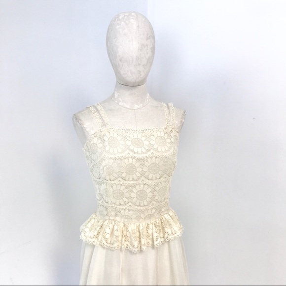 70s Vintage S/M Boho Floral Lace Midi Dress Cream - Picture 9 of 13